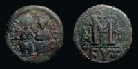  573-574 AD., Justin II, Kyzikos mint, Follis, Sear BC 372 var.