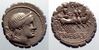 Crawford 382/1b, Roman Republic, C. Naevius Balbus, Denarius serratus
