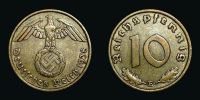 1938 AD., Germany, Third Reich, MuldenhÃ¼tten mint, 10 Reichspfennig, Jaeger 364.