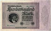 1923 AD., Germany, Weimar Republic, Reichsbank, Berlin, 1st issue, 100000 Mark, printer C. G. Naumann GmbH, Leipzig, Pick 83a/2. 20 NÂ·039681 Obverse 