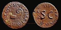   8 BC., Augustus, Rome mint, moneyers Claudius Pulcher, Statilius Taurus, and Livineius Regulus, triumviri monetalis, Quadrans, RIC 424.