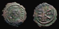  585-586 AD., Maurice Tiberius, Constantinopolis mint, Half Follis, Sear BC 497 var.