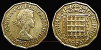 1955 AD., United Kingdom, Elizabeth II, Royal Mint, 3 Pence, KM 900. 