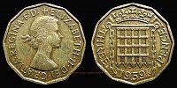 1959 AD., United Kingdom, Elizabeth II, Royal Mint, 3 Pence, KM 900. 