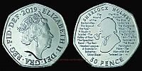 2019 AD., United Kingdom, Elizabeth II, 160th anniversary of birth of Sir Arthur Conan Doyle commemorative, Royal Mint, 50 Pence. 