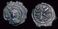  585-586 AD., Maurice Tiberius, Constantinopolis mint, Half Follis, Sear BC 497 var.