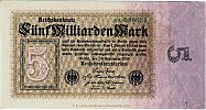 1923 AD., Germany, Weimar Republic, Reichsbank, Berlin, 7th issue, 5000000000 Mark, unknown printer X, Pick 115a/2. 8 X·086631vs Obverse