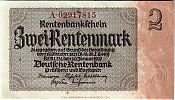 1937 AD., Germany, Third Reich, Deutsche Rentenbank, Berlin, 2 Rentenmark, Pick 174b.1. AÂ·02917815 Obverse