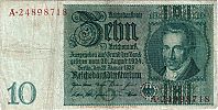 1929-1945 AD., Germany, Third Reich, Reichsbank, Berlin, 10 Reichsmark, Pick 180a/1. G-AÂ·24898718 Obverse 