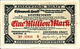 1923 AD., Germany, Weimar Republic, Duisburg-Hochfeld, Eisenwerk Kraft Abt. Niederrheinische Hütte, Notgeld, currency issue, 1.000.000 Mark, Tieste 05.05. Reihe A 43416 B Obverse 