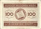 1923 AD., Germany, Weimar Republic, Duisburg-Hochfeld, Eisenwerk Kraft Abt. Niederrheinische Hütte, Notgeld, currency issue, 100.000.000 Mark, Tieste 05.30. Reihe A 19989 B Reverse 