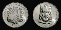 Andorra, 2002 AD., Joan MartÃ­ i Alanis, Charlemagne commemorative, 1 Centim, KM 176.