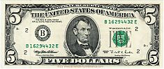 United States, 1995 AD., Federal Reserve Bank of New York, New York, 5 Dollars, Pick 498B. B16294432E Obverse
