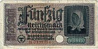 1940-1945 AD., Germany, 3rd Reich, for German occupied territories during WWII, Reichskreditkasse, 50 Reichsmark, Pick R140. BÂ·0438994 Obverse