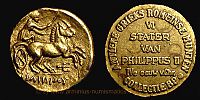 Macedonia, 340-328 BC., Kingdom, Philip II, Petrol company advertising reproduction "Collection BP" produced ca. 1970-90 AD., gold Stater repro, cf. Le Rider 335. 