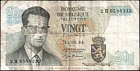 1964 AD., Belgium, Baudouin I, Banque Nationale de Belgique, 20 Francs, P-138a.1. 2 H 0588332 Obverse