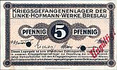 1915-1918 AD., Germany, 2nd Empire, Breslau, Kriegsgefangenenlager der Linke-Hofmann-Werke (POW camp WWI), 5 Pfennig, Noske 43.3. Obverse 