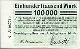 1923 AD., Germany, Weimar Republic, Breslau, Vereinigung Breslauer Arbeitgeberverbände, Notgeld, currency issue, 100.000 Mark, Keller VII-608c. N 087719 Obverse 