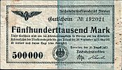 1923 AD., Germany, Weimar Republic, Breslau, Deutsche Reichsbahn, Notgeld, currency issue, 500.000 Mark, Müller/Geiger 003.01b. 192021 Obverse 