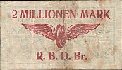 1923 AD., Germany, Weimar Republic, Breslau, Deutsche Reichsbahn, Notgeld, currency issue, 2.000.000 Mark, Müller/Geiger 003.03b. 545346 Reverse 