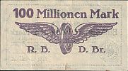 1923 AD., Germany, Weimar Republic, Breslau, Deutsche Reichsbahn, Notgeld, currency issue, 100.000.000 Mark, Müller/Geiger 003.08c. 069285 Reverse 