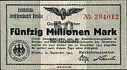 1923 AD., Germany, Weimar Republic, Breslau, Deutsche Reichsbahn, Notgeld, currency issue, 50.000.000 Mark, Müller/Geiger 003.06a. 394012 Obverse 