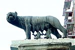 Capitoline Wolf replica on an ancient pillar at the northern corner of Palazzo senatorio, the ancient Capitoline Hill, Rome. 