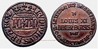 France, 1467 AD., Louis XI, Petrol company advertising reproduction "Collection BP" produced ca. 1970-90 AD., Denier Parisis repro, cf. Duplessy 527 (Charles VII). 