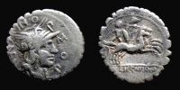 Crawford 282/4, Roman Republic, Narbo mint (Gaul), moneyers L. Licinius Crassus, Cn. Domitius Ahenobarbus and L. Pomponius, 118 BC., Denarius Serratus.