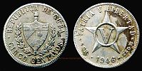 Cuba, 1946 AD., first republic, Philadelphia mint (USA), 5 Centavos, KM 11.3. 