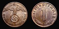 1938 AD., Germany, Third Reich, Hamburg mint, 1 Reichspfennig, KM 89. 