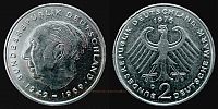 1976 AD., Germany, Federal Republic, 20th anniversary of the Federal Republic of Germany, Theodor Heuss commemorative, Munich mint, 2 Deutsche Mark, KM A127. 