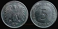 1975 AD., Germany, Federal Republic, Stuttgart mint, 5 Deutsche Mark, KM 140.1. 