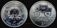 1990 AD., Germany, German Democratic Republic, 500th anniversary postal service in Germany commemorative, Berlin mint, 5 Mark, KM 134.