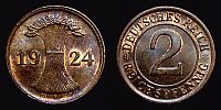 1924 AD., Germany, Weimar Republic, Munich mint, 2 Reichspfennig, KM 38. 