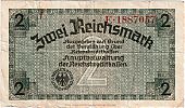 1940 AD., Germany, 3rd Reich, for German occupied territories during WWII, Reichskreditkasse, 2 Reichsmark, Pick R137a. E·1887057 Obverse