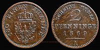 1869 AD., German States, Prussia, Wilhelm I, Berlin mint, 2 Pfenninge, KM 481. 