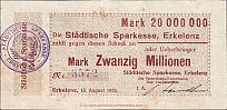 1923 AD., Germany, Weimar Republic, Erkelenz, Städtische Sparkasse, Notgeld, currency issue, 20.000.000 Mark, Keller 1393h var. 3572 Obverse
