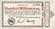1923 AD., Germany, Weimar Republic, Heinsberg, Kreis, Notgeld, currency issue, 100.000.000 Mark, Keller 2305i.2. 15494 Obverse 