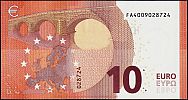 European Union, European Central Bank, Pick 21f. 10 Euro, 2019 AD., Printer: Oberthur Fiduciaire AD, Sofia, Bulgaria, F004C2-FA4009028724 Reverse 