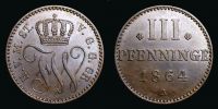 1864 AD., German States, Mecklenburg-Strelitz, Friedrich Wilhelm, 3 Pfenninge, AKS 74.