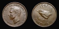 1947 AD., Great Britain, George VI, Royal mint London, Farthing, KM 843.