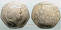 2006 AD., United Kingdom, Elizabeth II, 150th anniversary of the Victoria Cross medal circulating commemorative, Royal Mint, 50 Pence, KM 1057. 