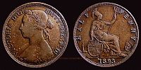 1893 AD., Great Britain, Victoria, Royal mint London, Halfpenny, KM 754. 