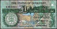 1991 AD., Guernsey, States Treasurer of The States of Guernsey, printer: De la Rue, London, 1 Pound, Pick 52a. K665990 Obverse