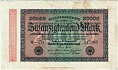 1923 AD., Germany, Weimar Republic, Reichsbank, Berlin, 2nd issue, 20000 Mark, printer W. CrÃ¼well, Dortmund, Pick 85b/2. H-CD 517267 Obverse 