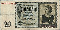 1939 AD., Germany, Third Reich, Reichsbank, Berlin, 20 Reichsmark, Pick 185. HÂ·00776849 Obverse 