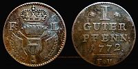 1772 AD., German States, Schaumburg Hessen, Friedrich II of Hessen-Kassel, Kassel mint, 1 Pfennig, KM 35.