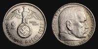 1937 AD., Germany, Third Reich, Stuttgart mint, 2 Reichsmark, Jaeger 366.