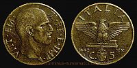 1942 AD., Italy, MussoliniÂ´s dictatorship, Vittorio Emanuele III as king, Rome mint, 5 Centesimi, KM 73a. 